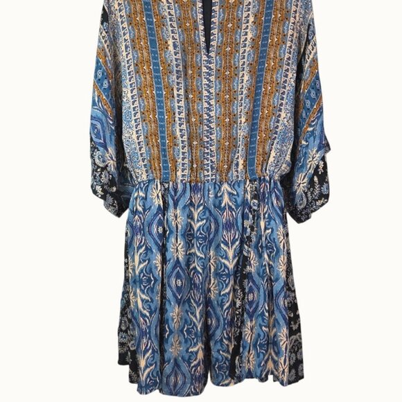 Free People Boho Blue & Brown Floral Print Tie-Waist Romper Size S - Picture 9 of 9
